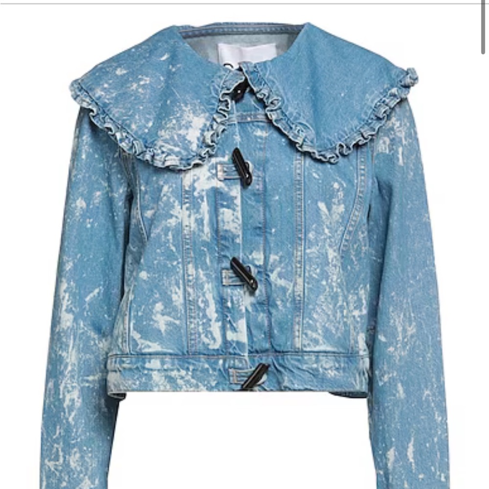 Ganni Women's Blue Denim Jacket with Ruffle Collar